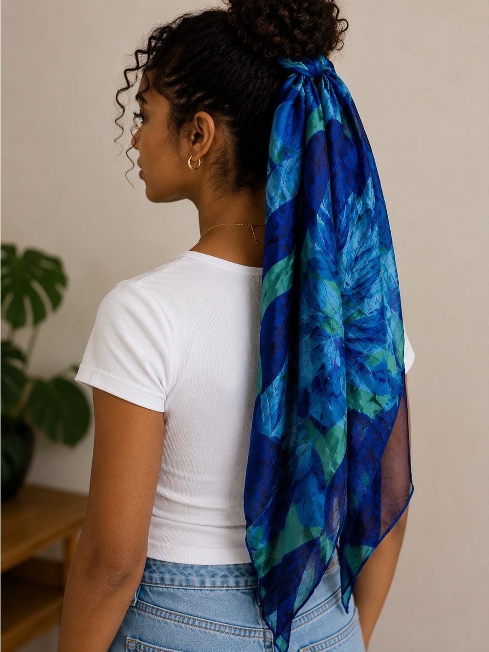 Blue & Teal Floral Scarf Hair Tie